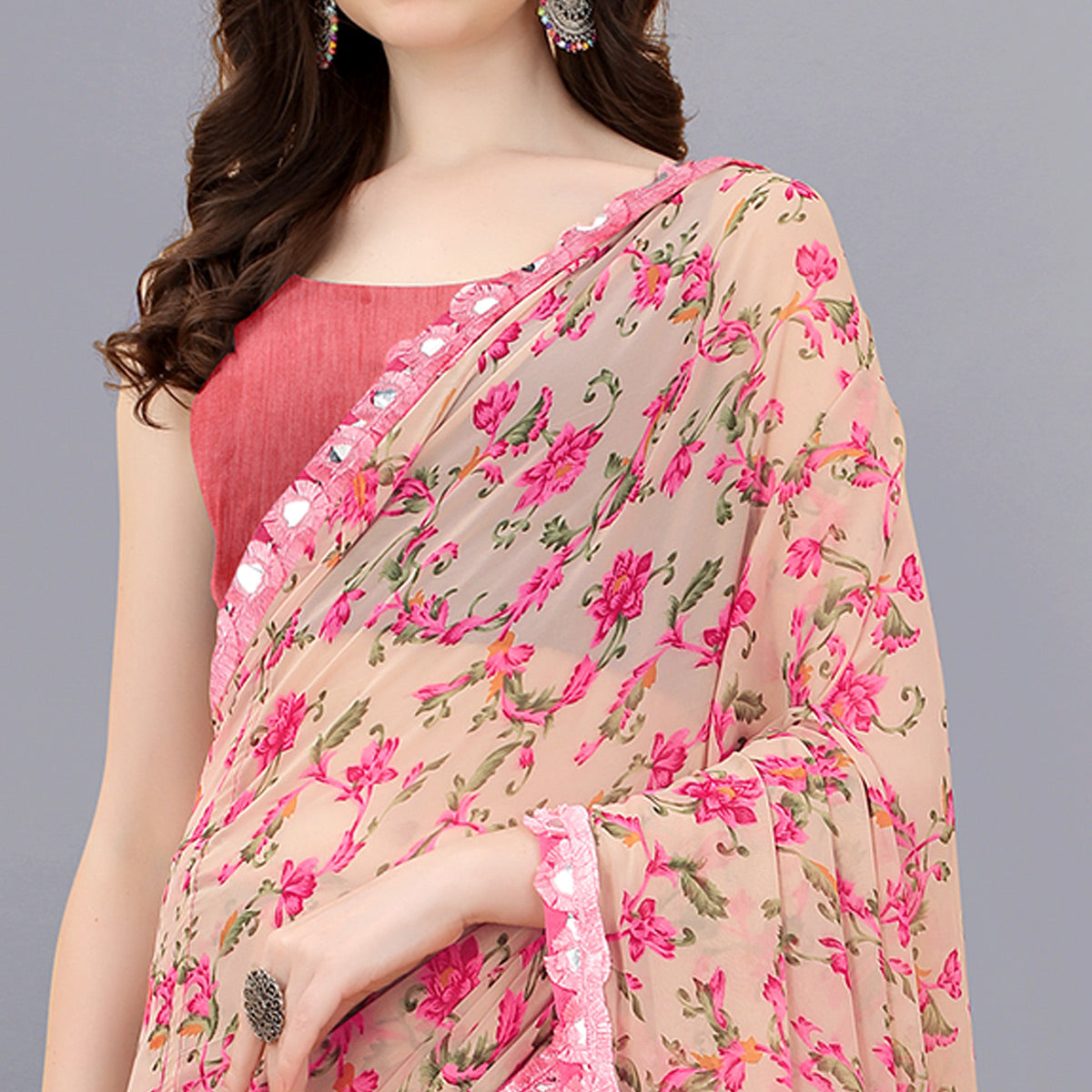 Pink Floral Printed Georgette Saree