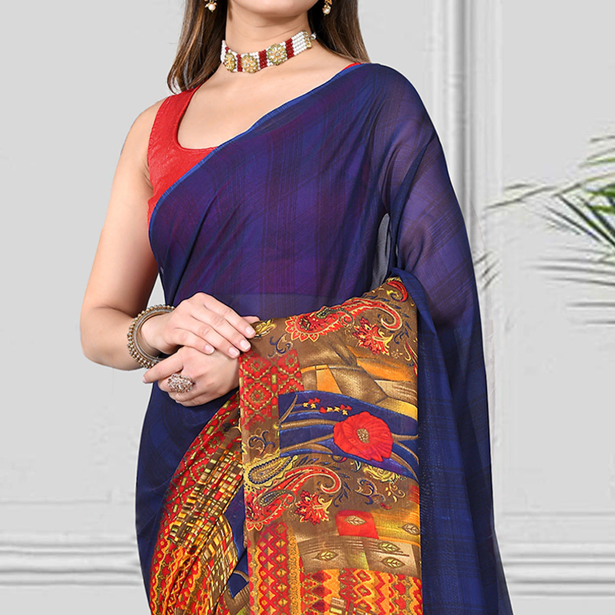 Blue Floral Printed Georgette Saree