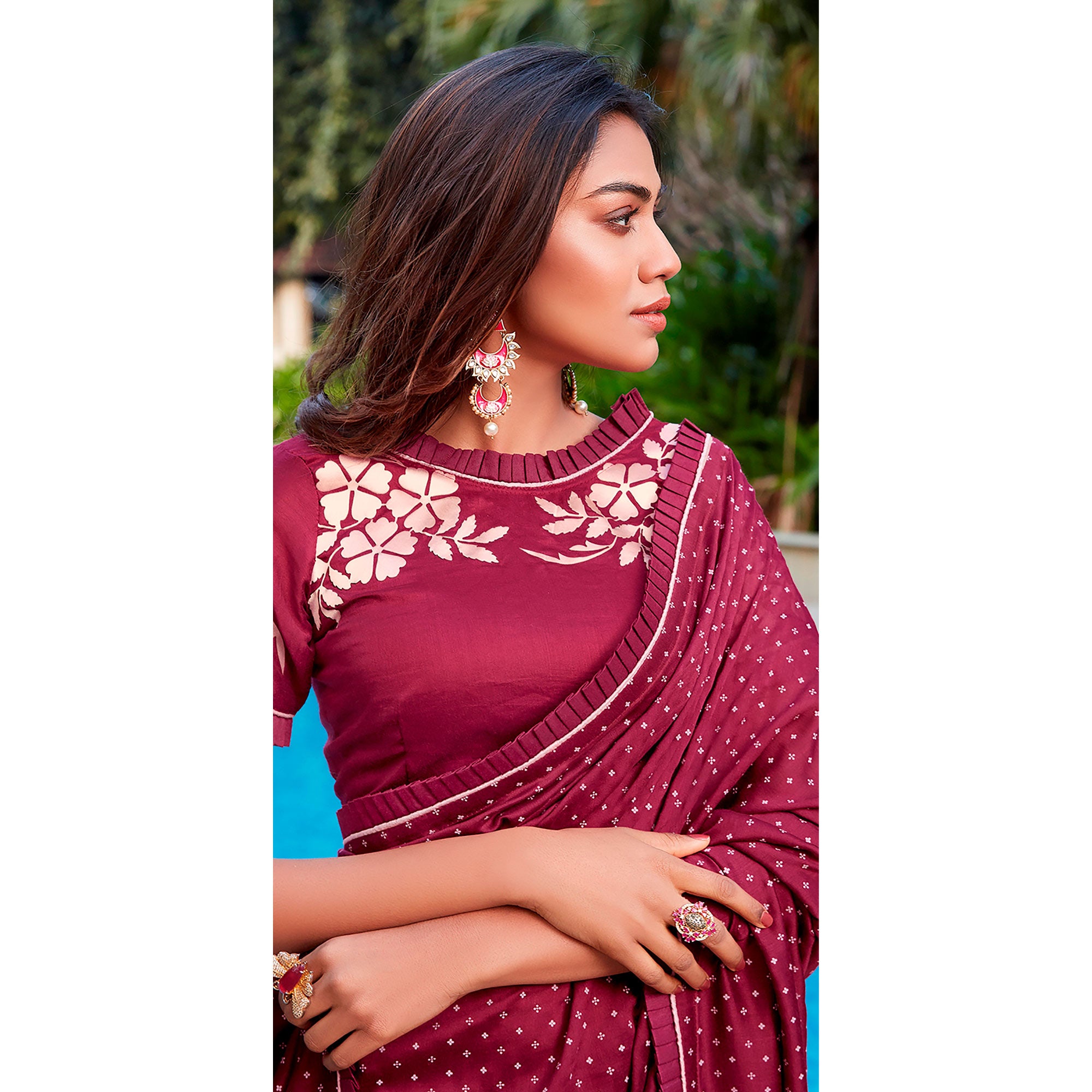 Maroon Printed With Pleated Border Cotton Silk Saree