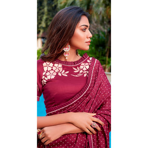 Maroon Printed With Pleated Border Cotton Silk Saree