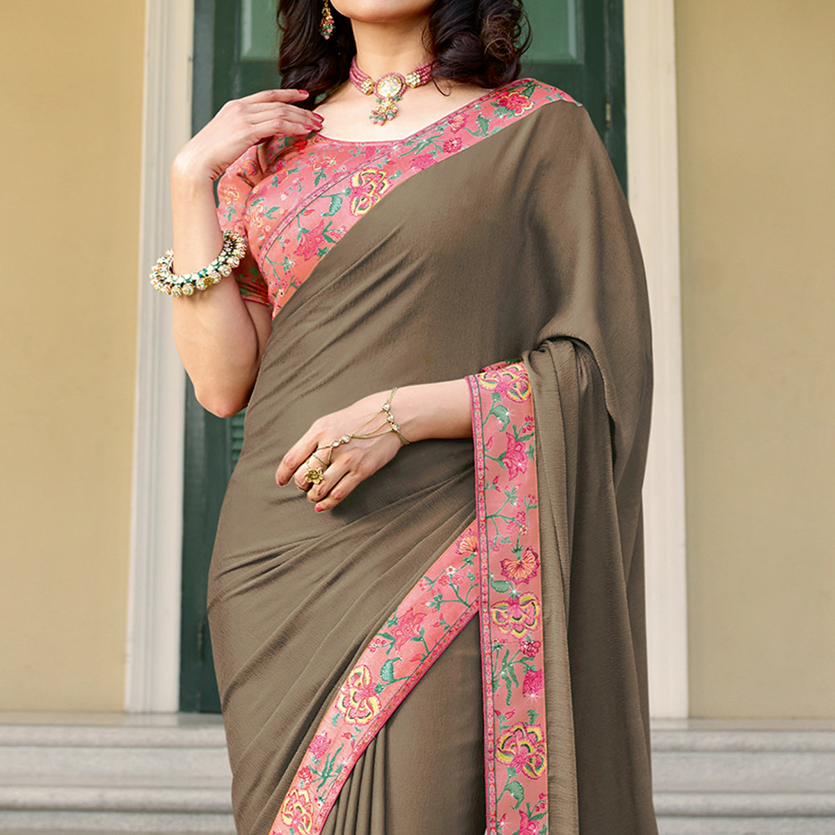 Brown Floral Digital Printed Georgette Saree