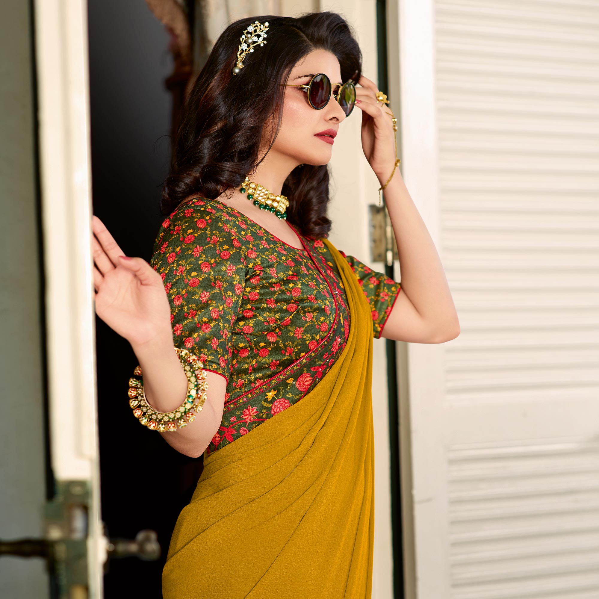 Mustard Floral Digital Printed Georgette Saree