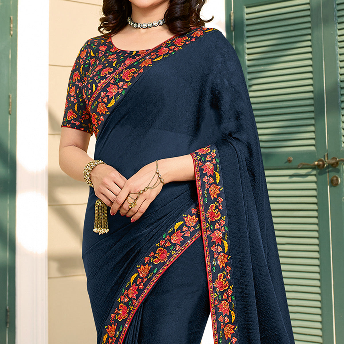 Navy Blue Floral Digital Printed Georgette Saree