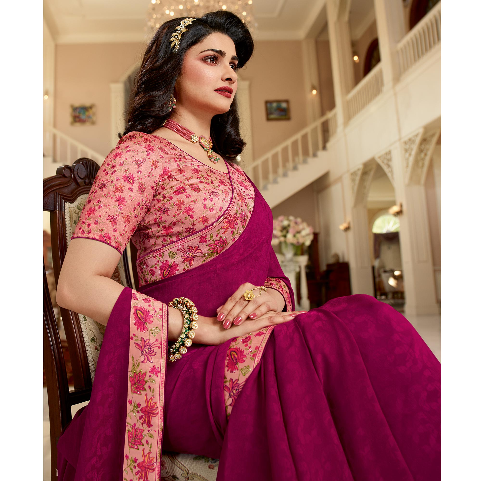 Pink Floral Digital Printed Georgette Saree