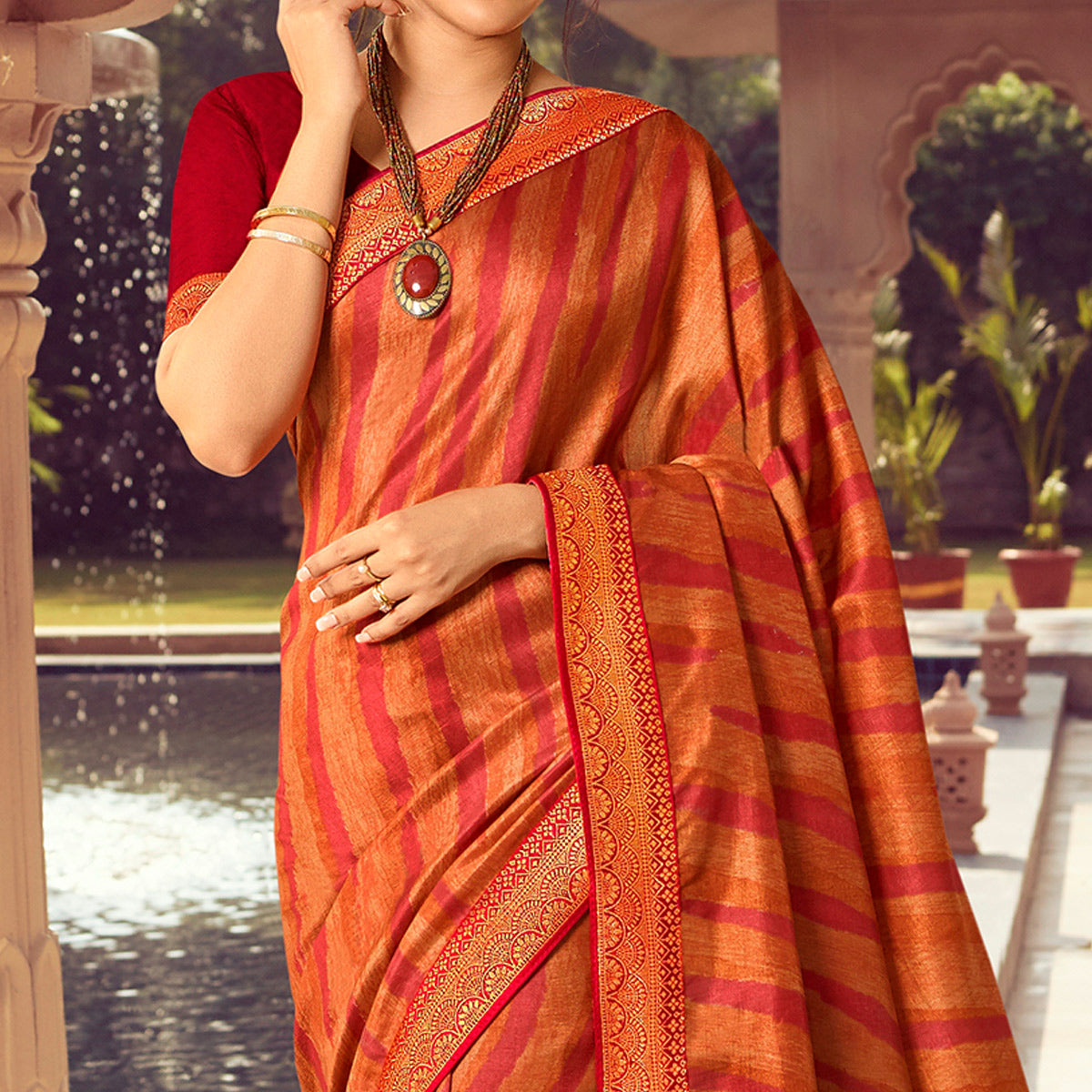 Orange Printed Art Silk Saree