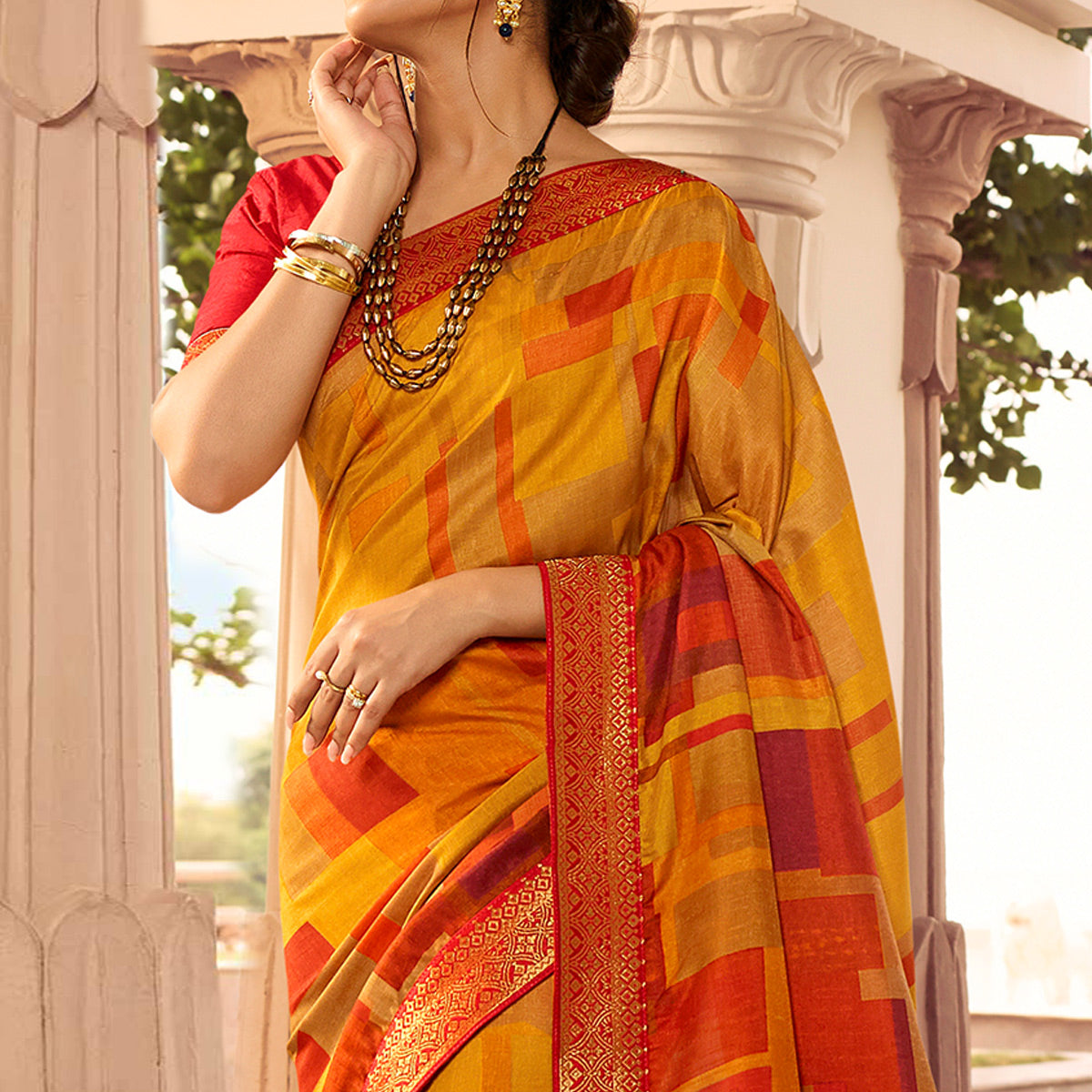 Yellow Printed Art Silk Saree