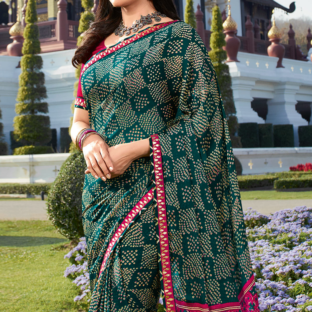 Dark Green Bandhani Printed Chiffon Saree