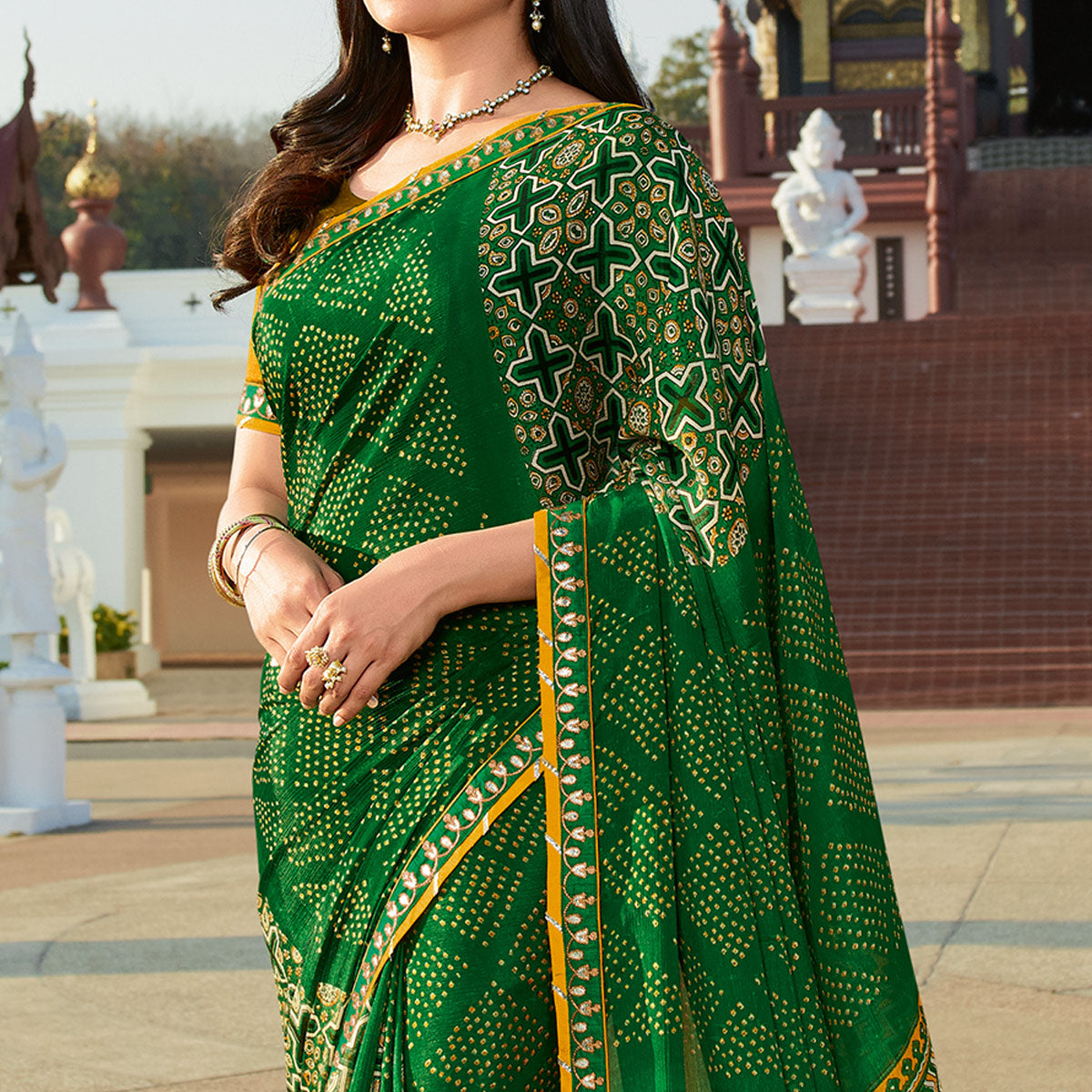 Green Bandhani Printed Chiffon Saree