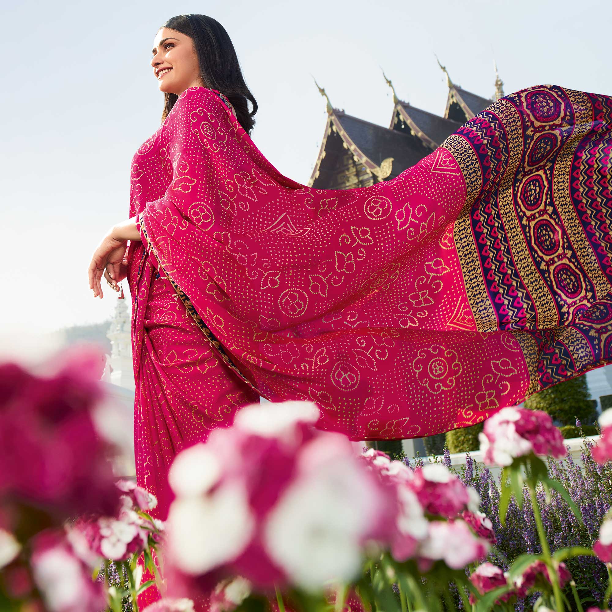 Pink Bandhani Printed Chiffon Saree