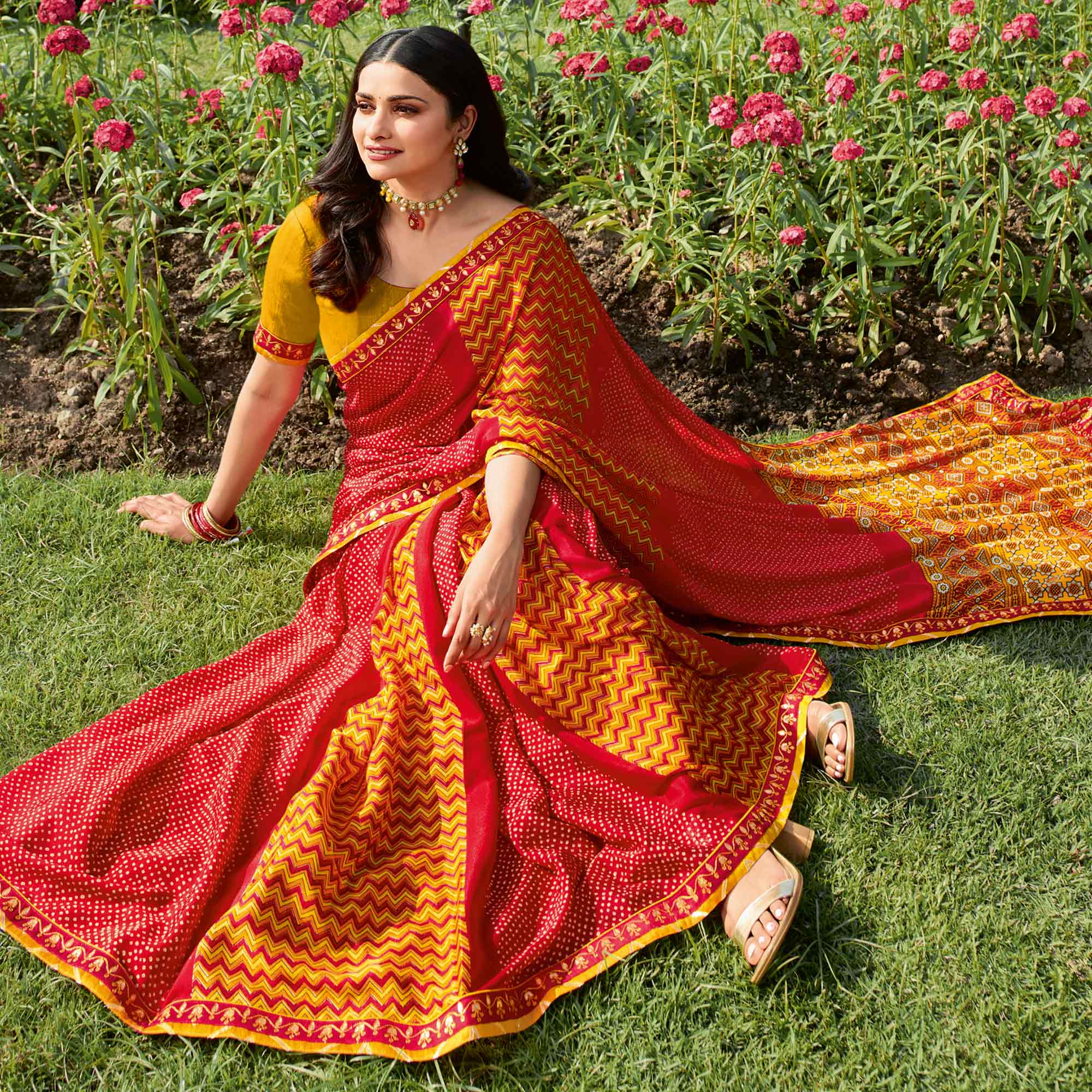 Red Bandhani Printed Chiffon Saree