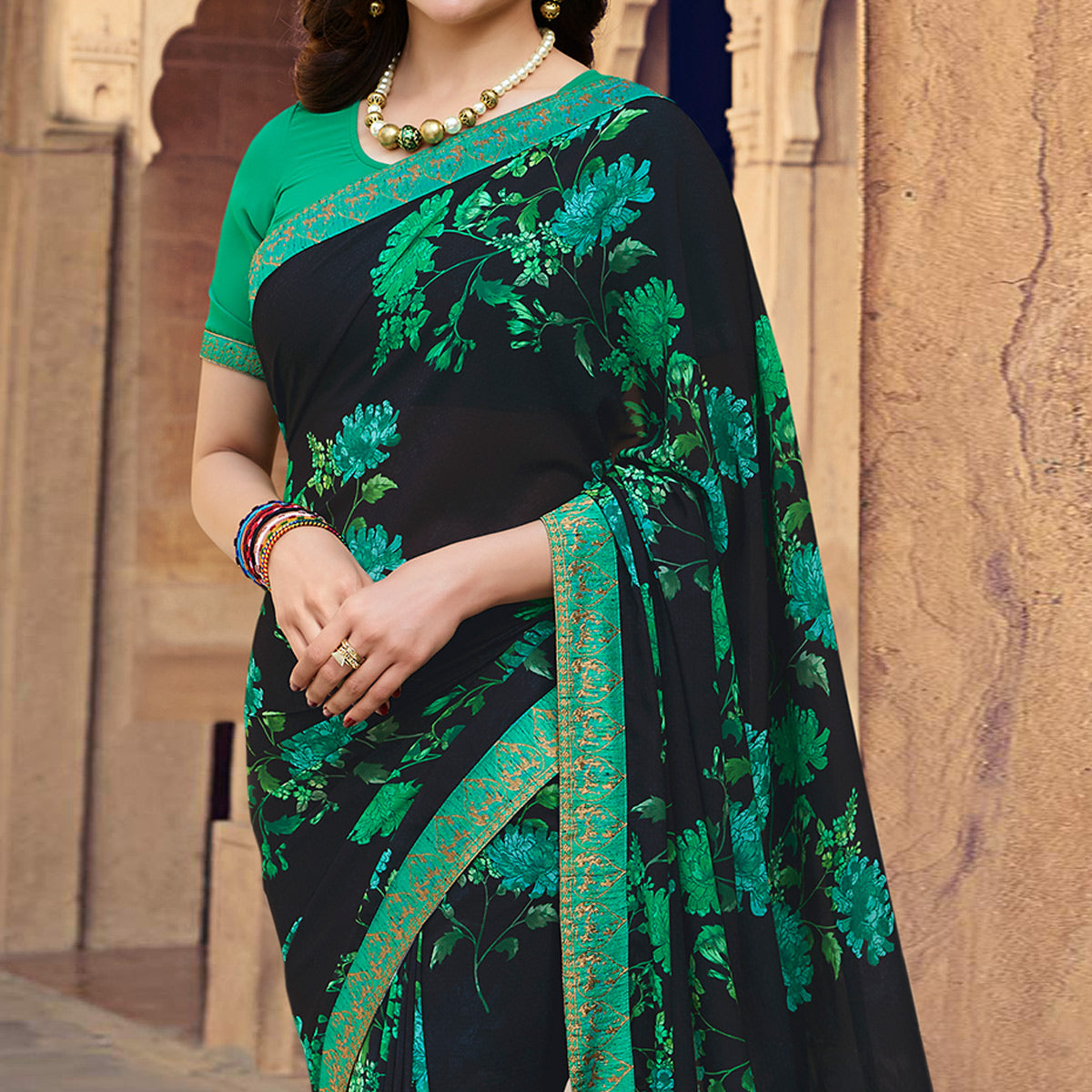 Black Floral Printed Georgette Saree