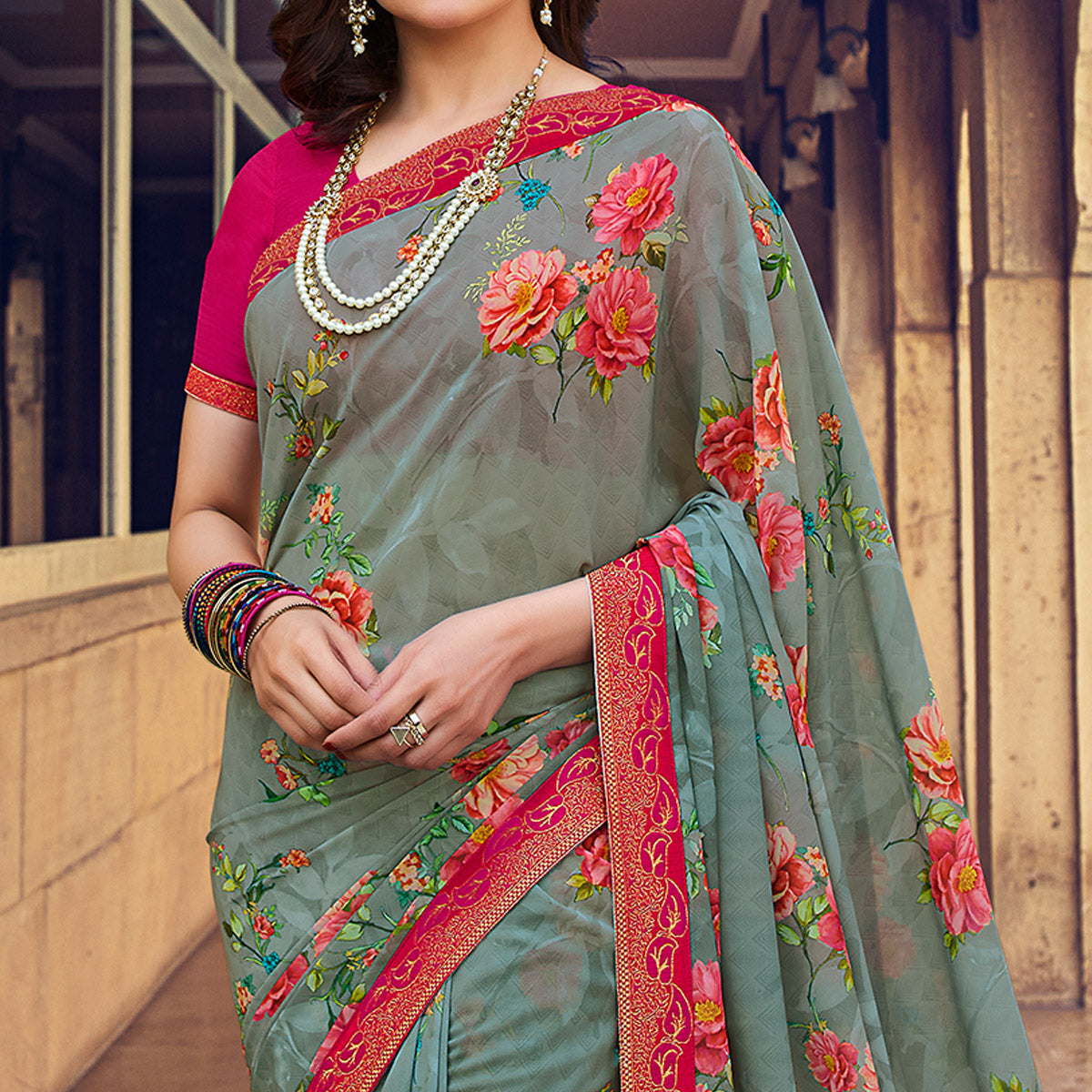 Grey Floral Printed Georgette Saree