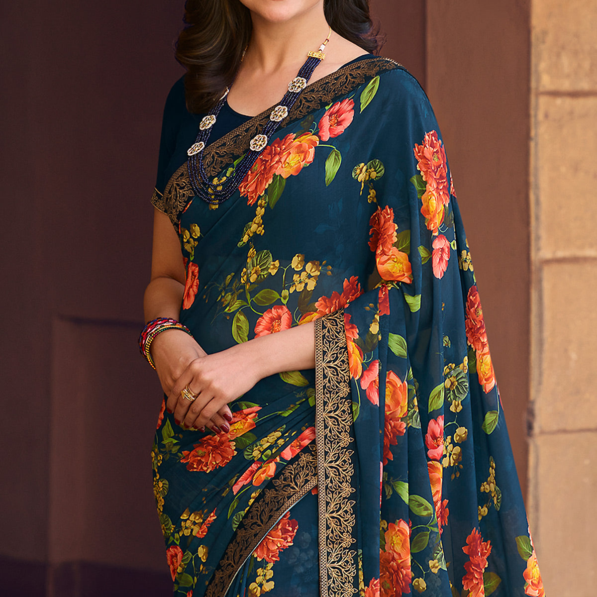 Navy Blue Floral Printed Georgette Saree