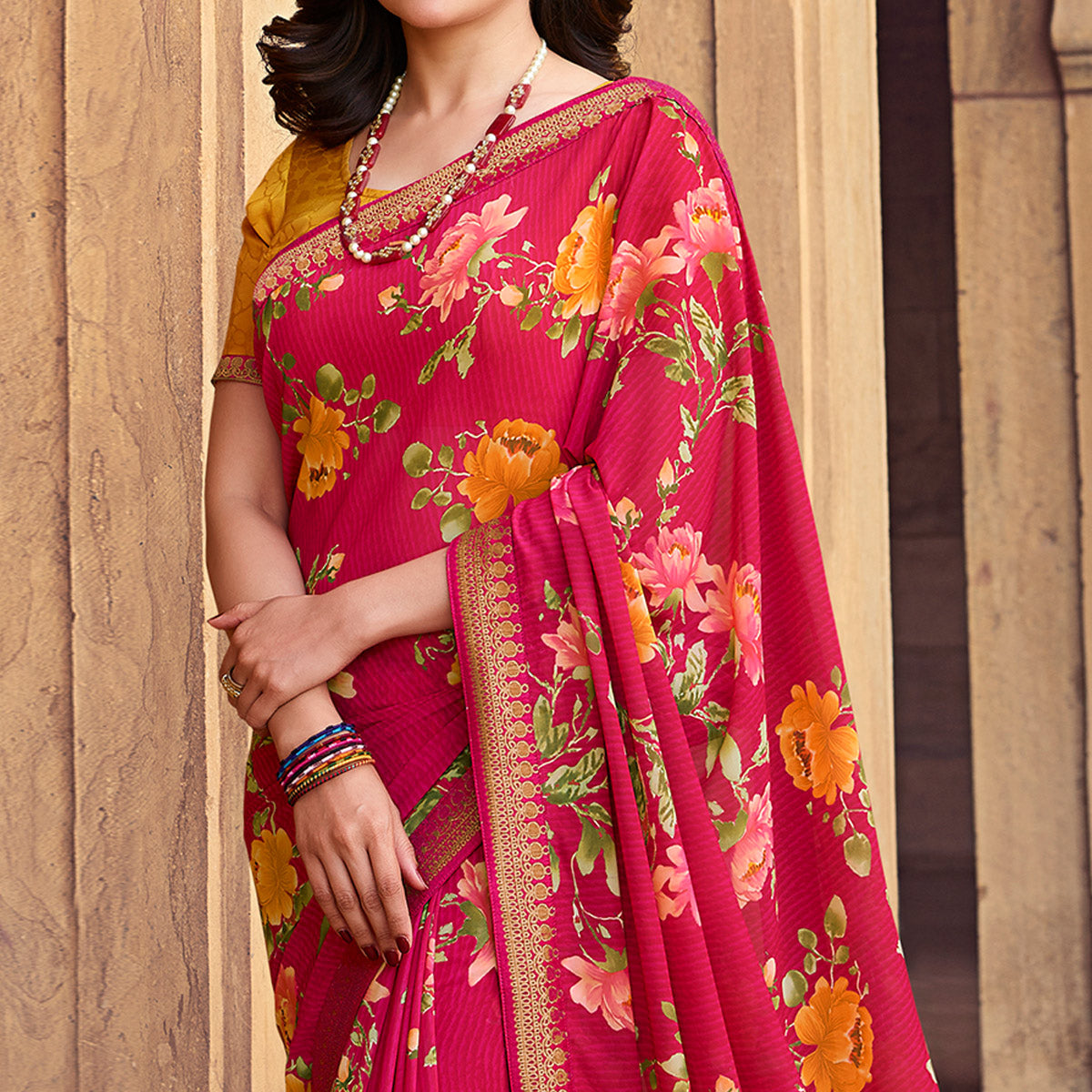 Red Floral Printed Georgette Saree