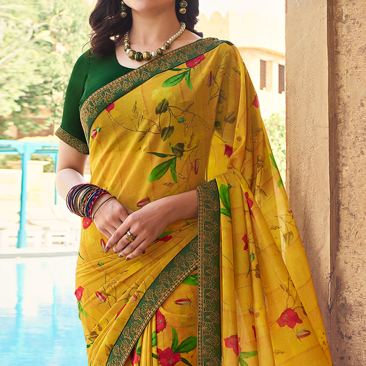 Yellow Floral Printed Georgette Saree