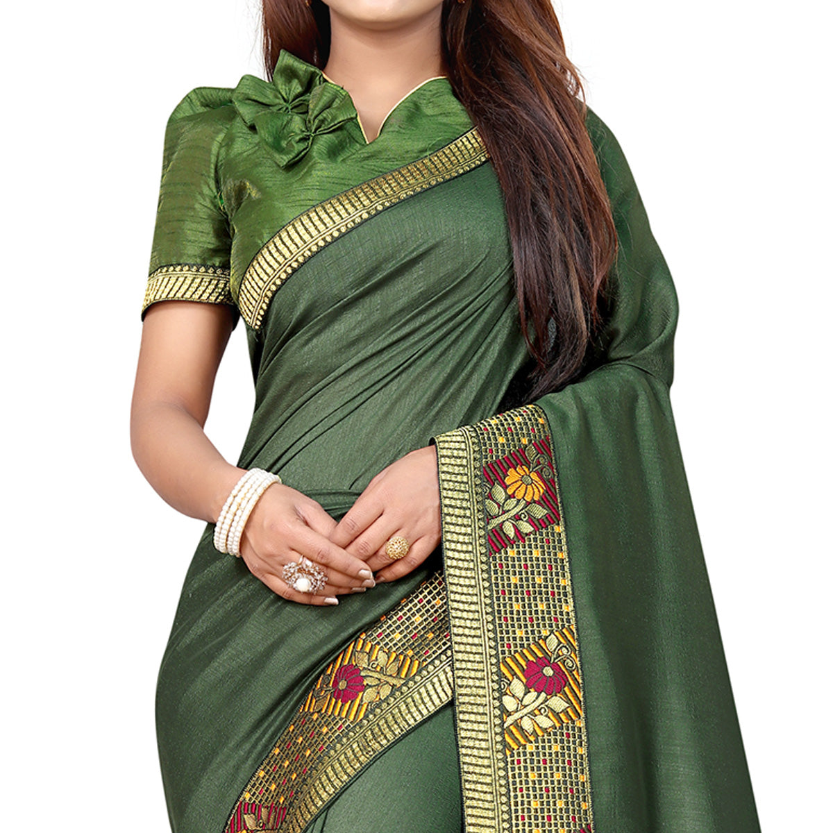 Mehandi Green Solid With Woven Border Vichitra Silk Saree