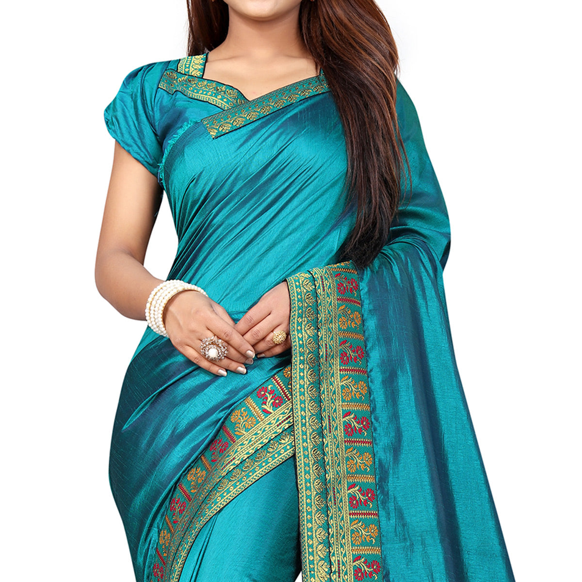 Turquoise Solid With Woven Border Vichitra Silk Saree