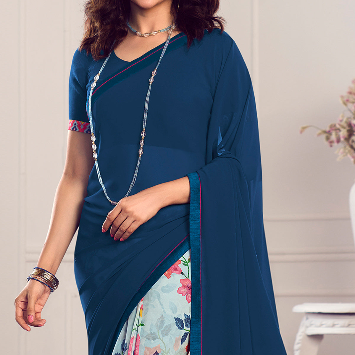 Blue Floral Printed Georgette Saree