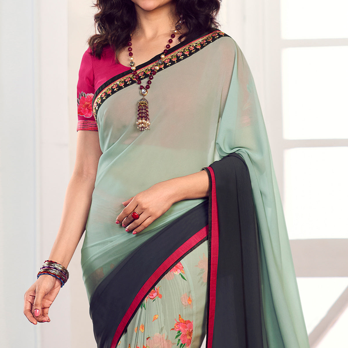 Light Green Floral Printed Georgette Saree