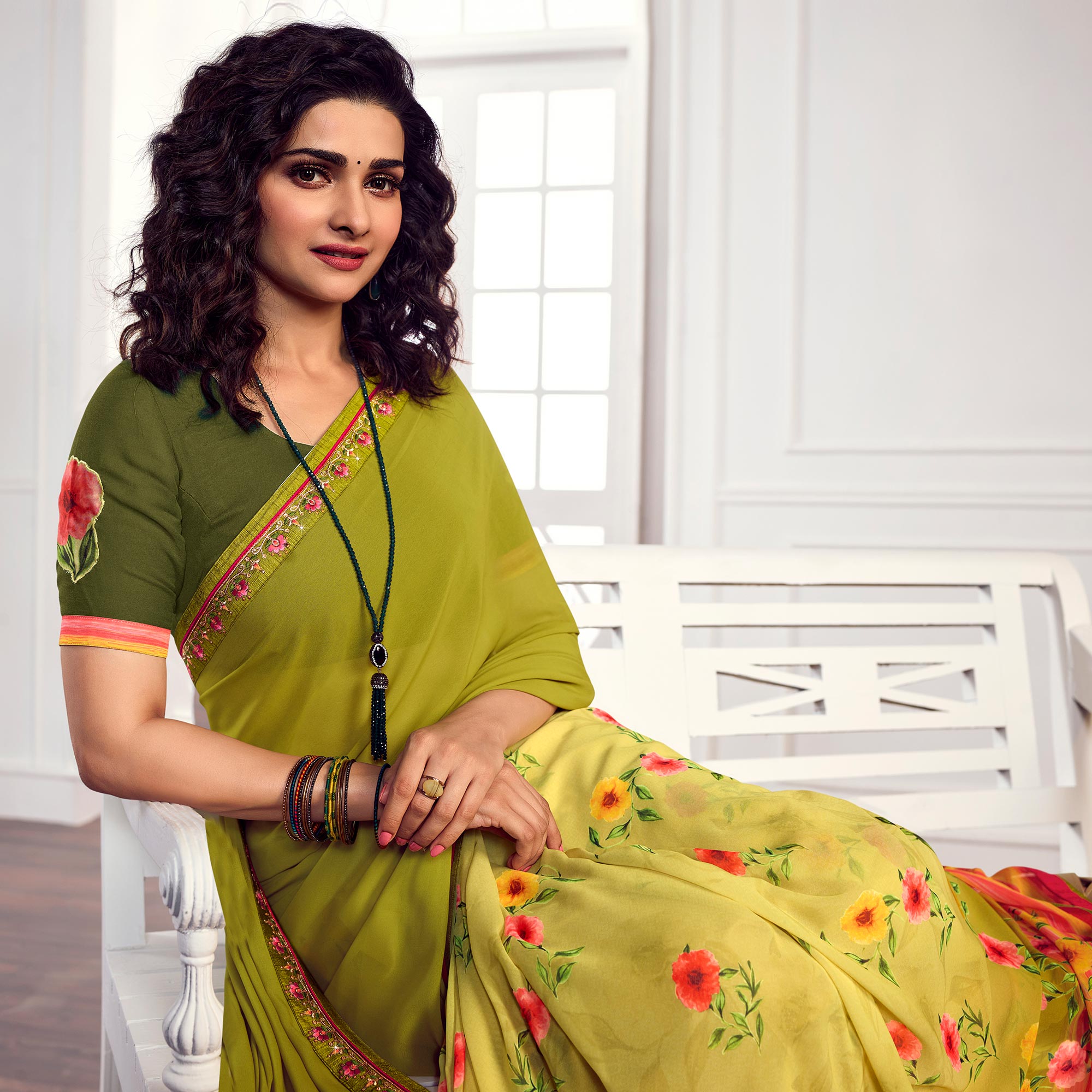 Olive Green Floral Printed Georgette Saree