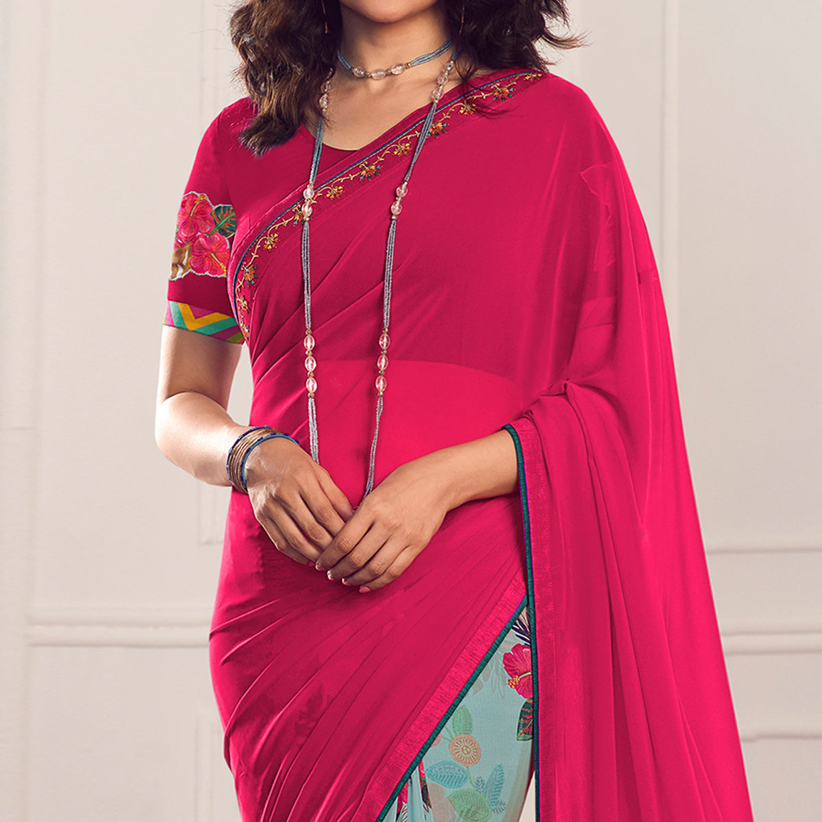 Pink Floral Printed Georgette Saree