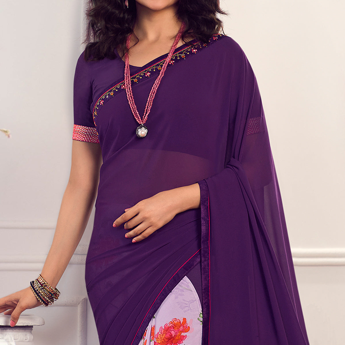 Purple Floral Printed Georgette Saree