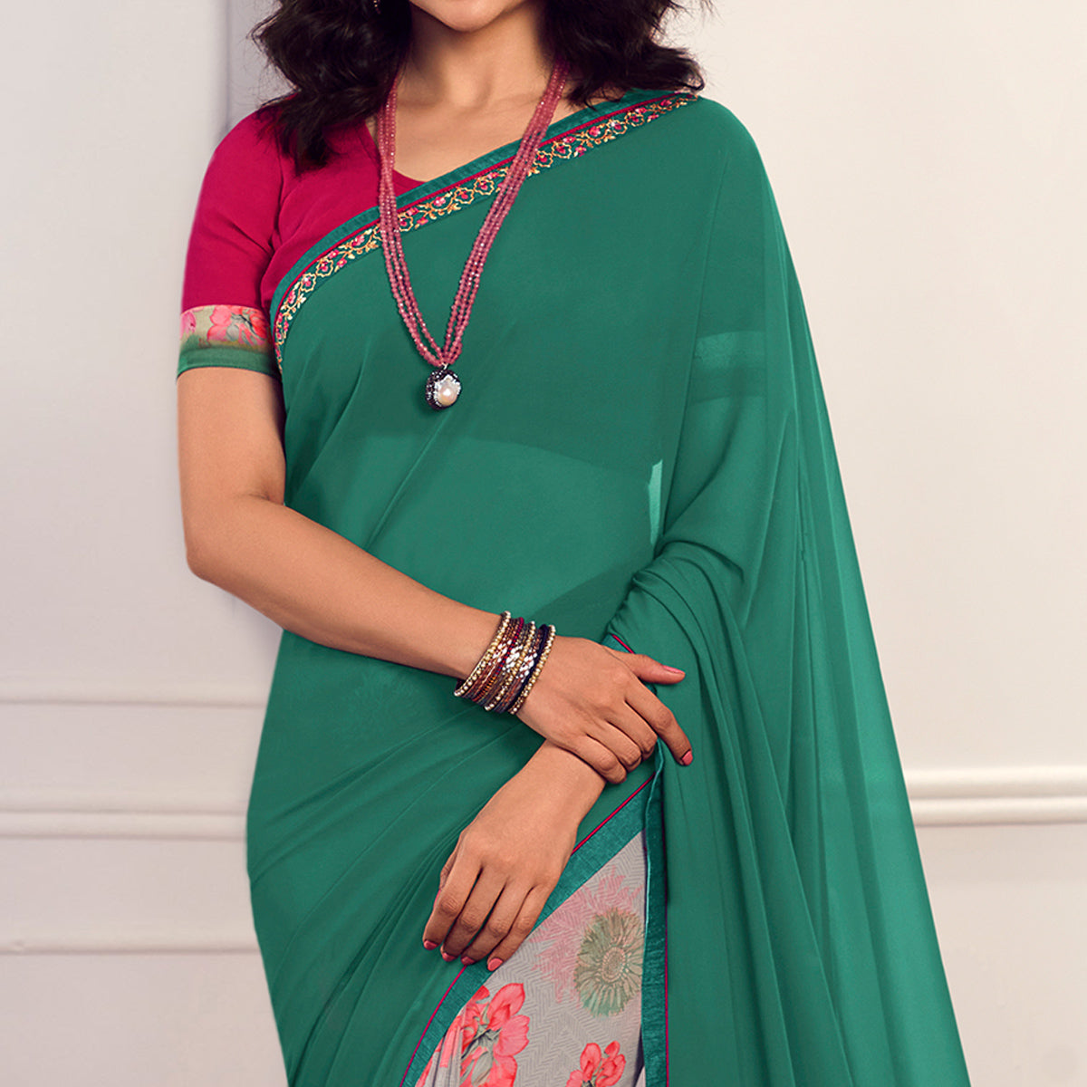 Rama Green Floral Printed Georgette Saree