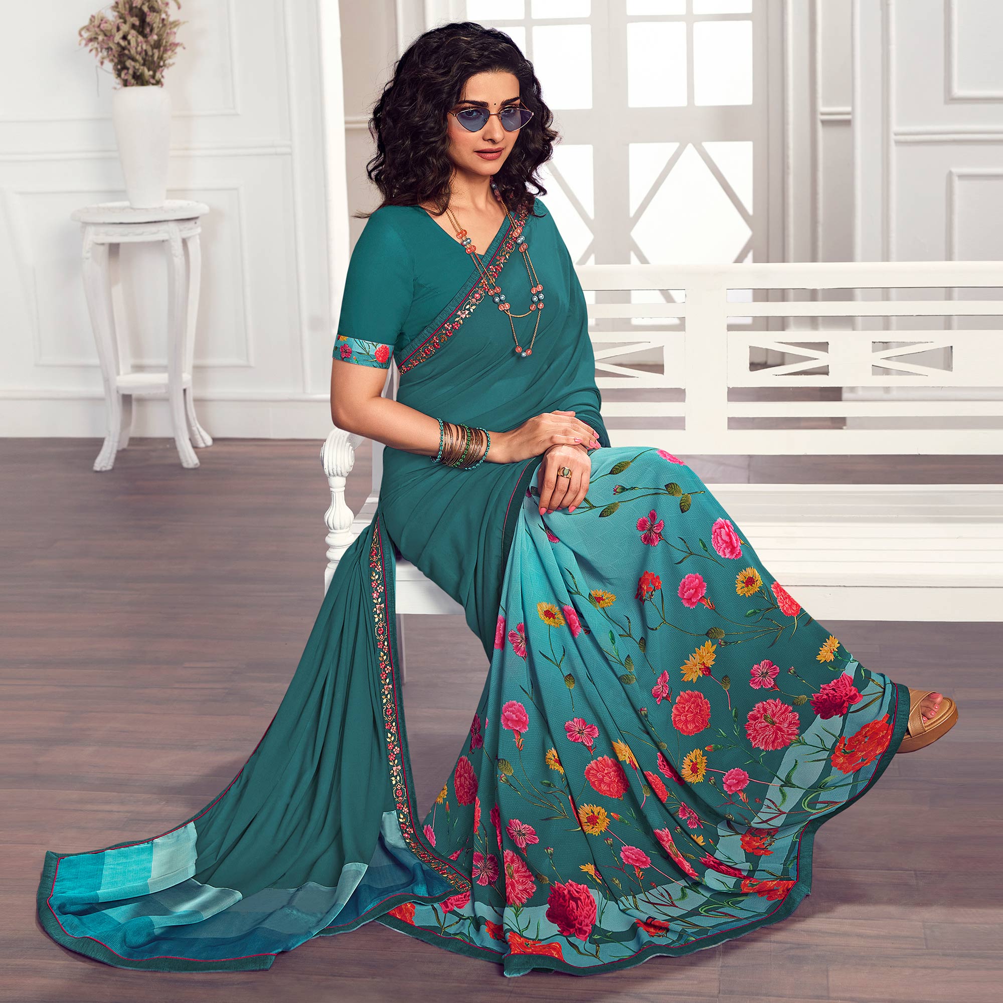 Teal Green Floral Printed Georgette Saree