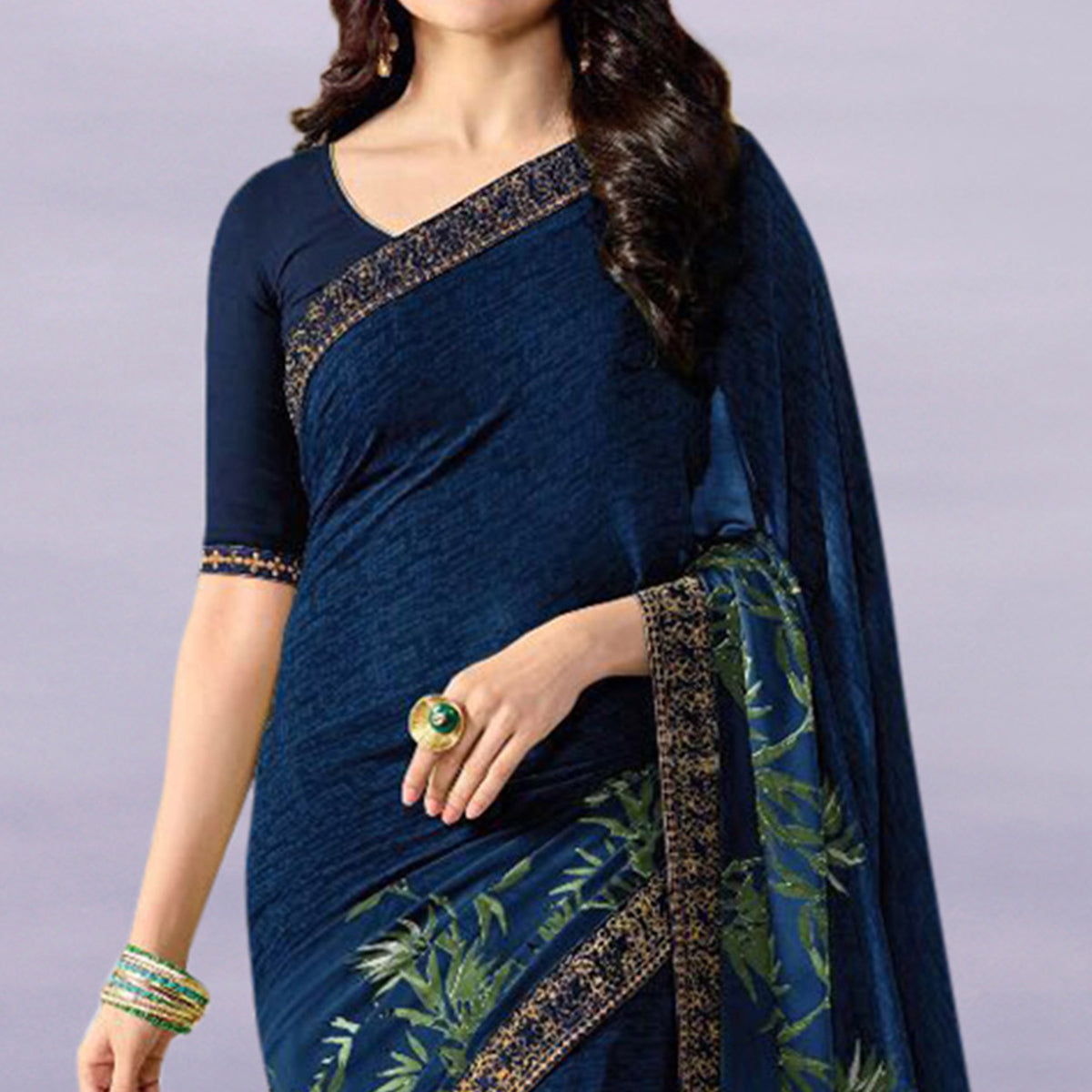 Dark Blue Floral Printed Georgette Saree