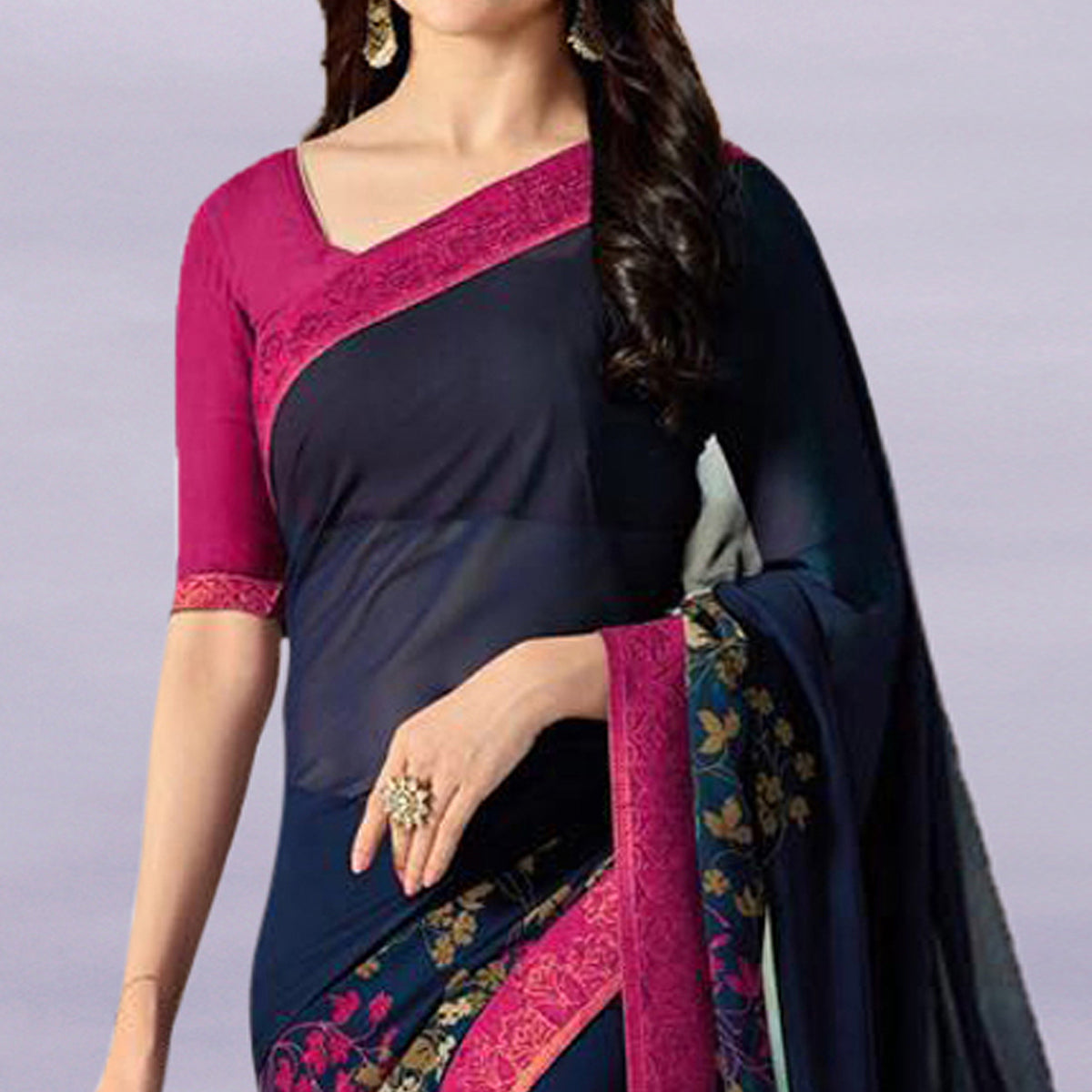 Navy Blue & Pink Floral Printed Georgette Saree