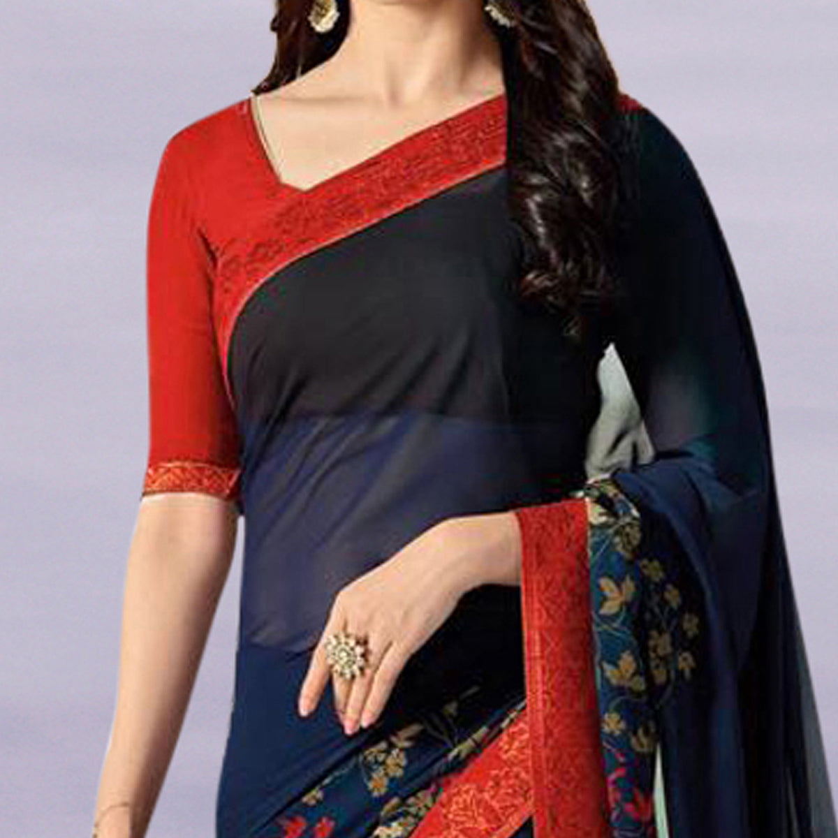 Navy Blue & Red Floral Printed Georgette Saree