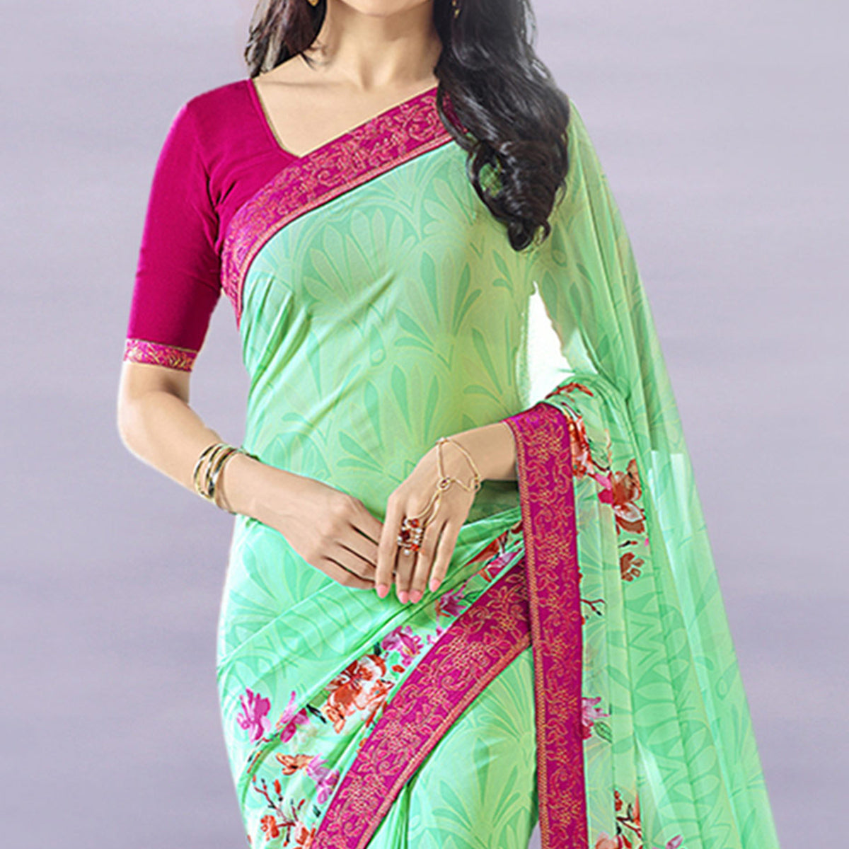 Sea Green Floral Printed Georgette Saree