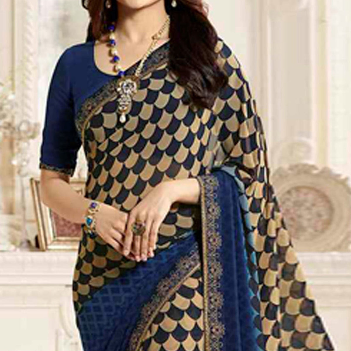 Blue Printed Georgette Saree With Lace Border