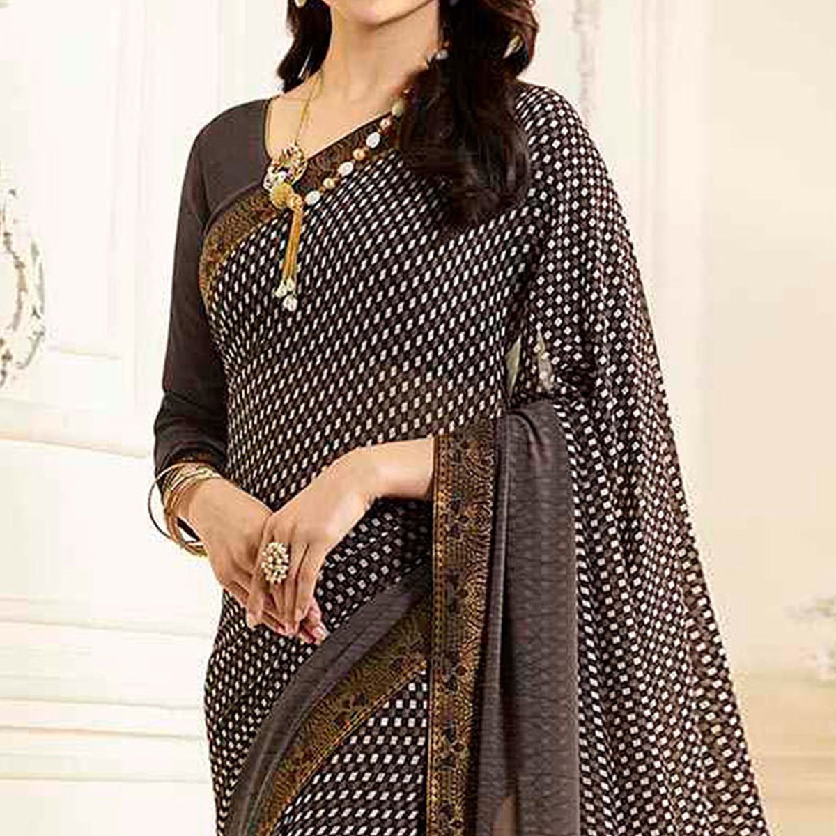 Brown Printed Georgette Saree With Lace Border