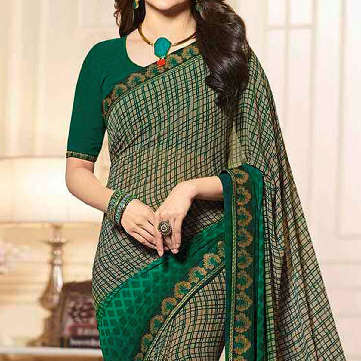 Green Printed Georgette Saree With Lace Border