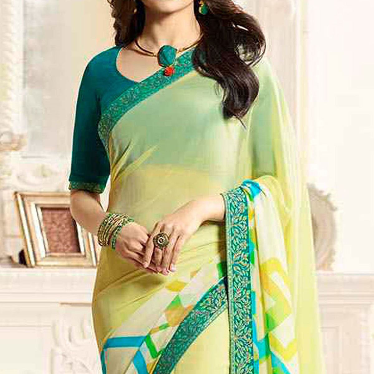 Lemon Yellow Printed Georgette Saree With Lace Border