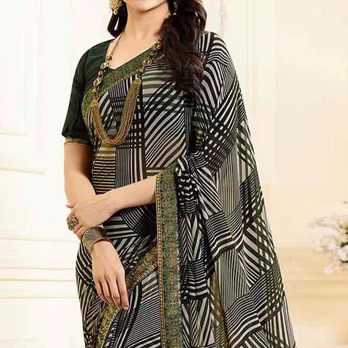 Mehandi Green Printed Georgette Saree With Lace Border