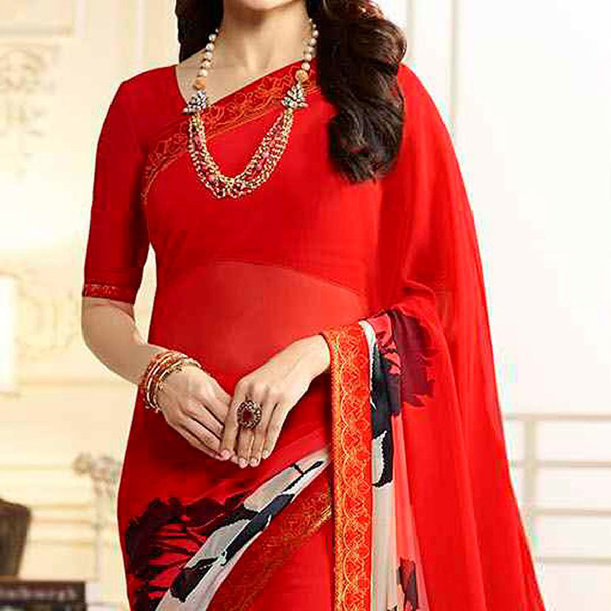 Red Printed Georgette Saree With Lace Border