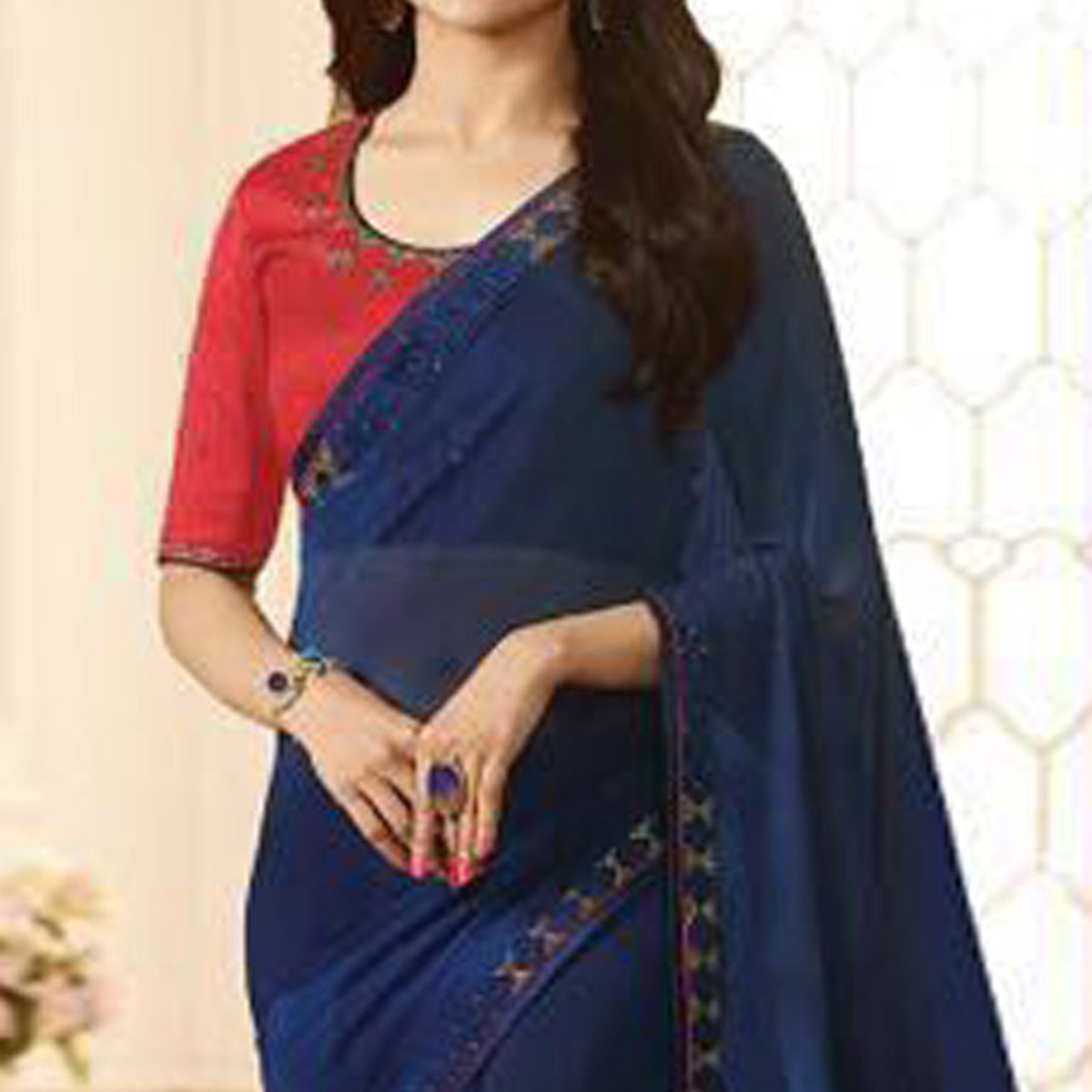 Blue Swarovski Work Georgette Saree