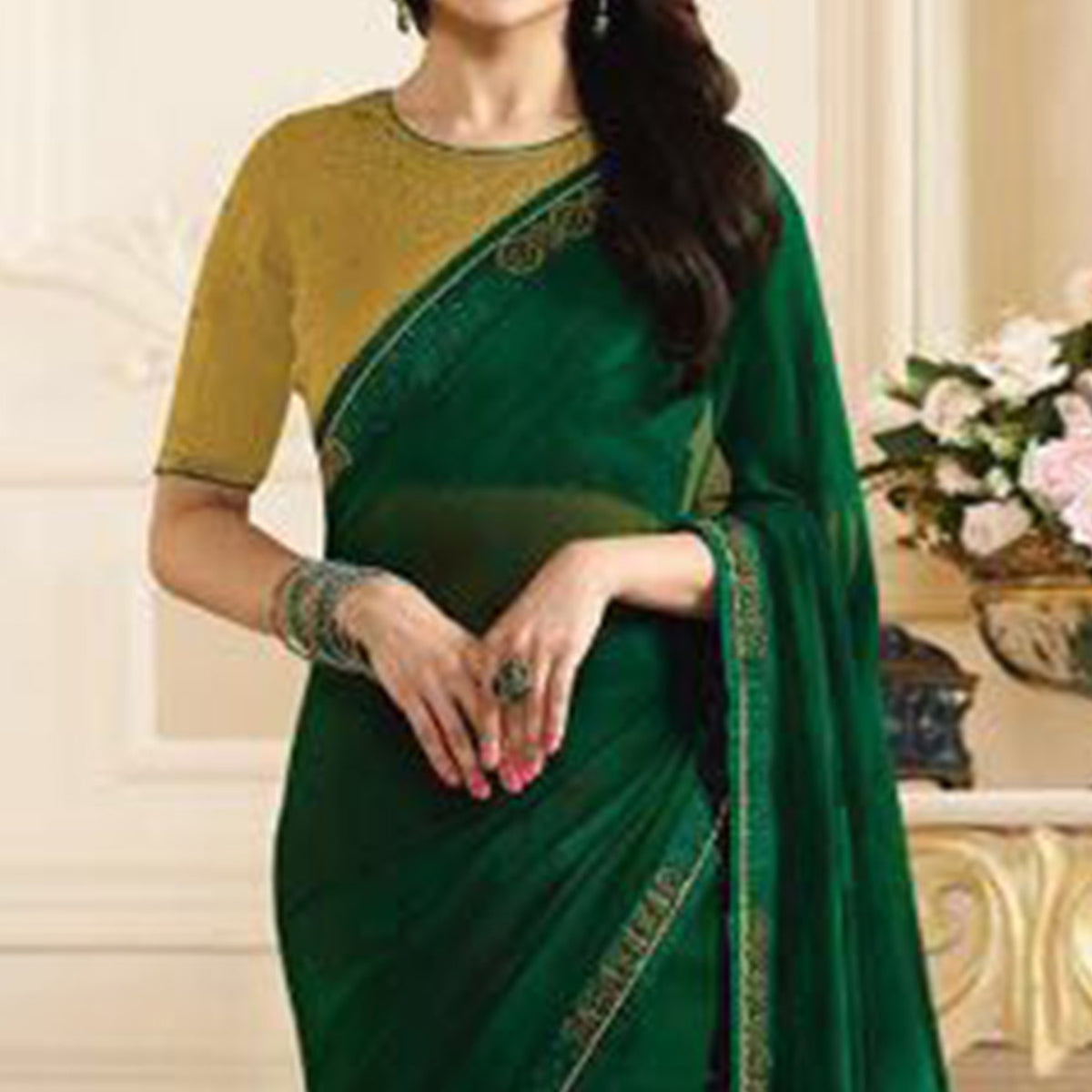 Green Swarovski Work Georgette Saree