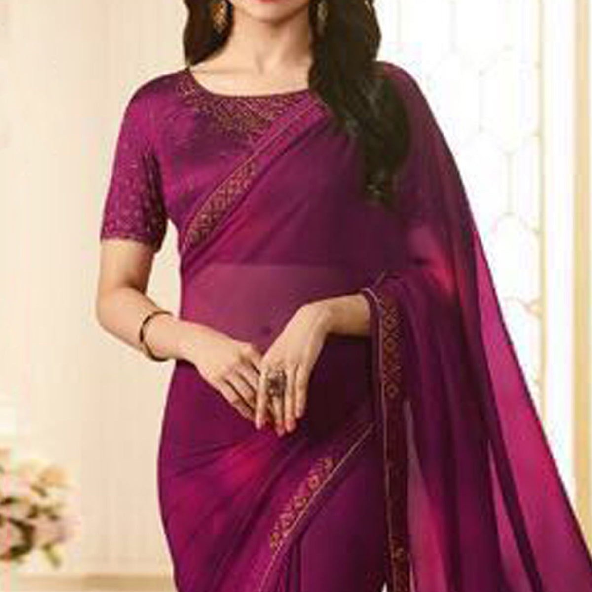 Purple Swarovski Work Georgette Saree