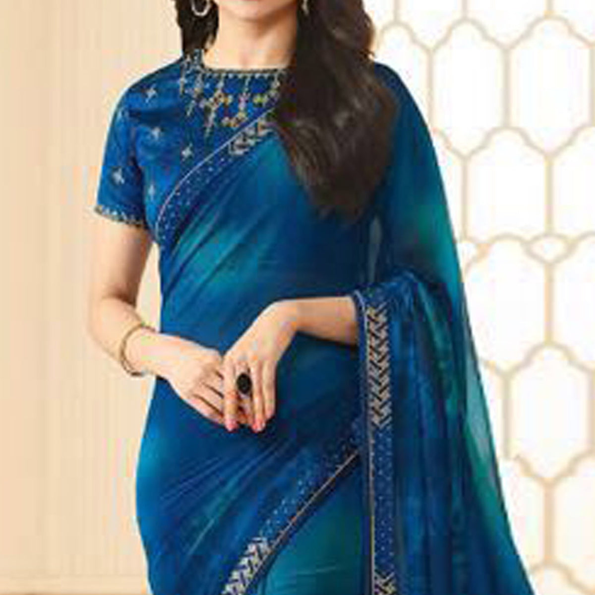 Royal Blue Swarovski Work Georgette Saree