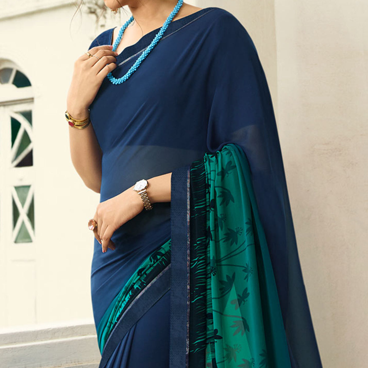 Blue Floral Printed Georgette Saree