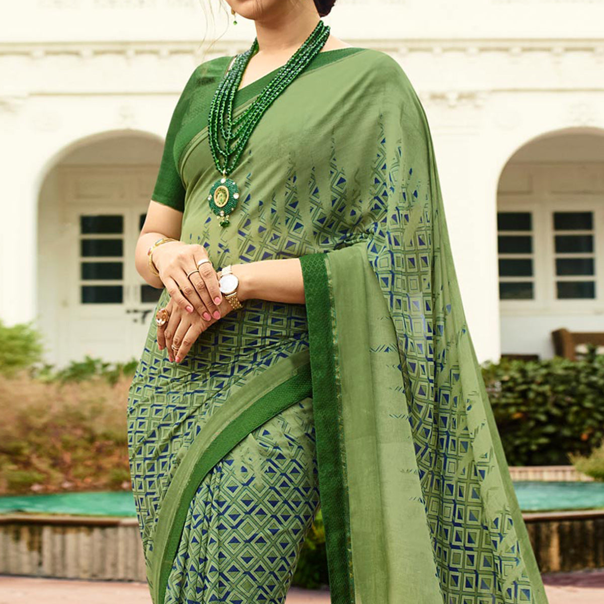 Green Printed Georgette Saree