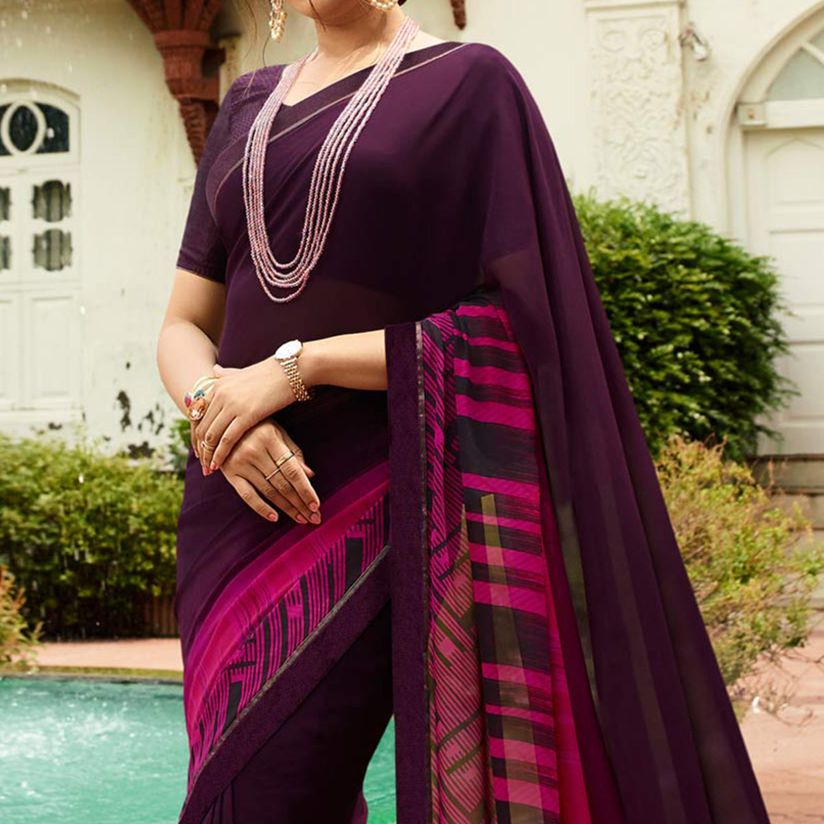 Purple Printed Georgette Saree