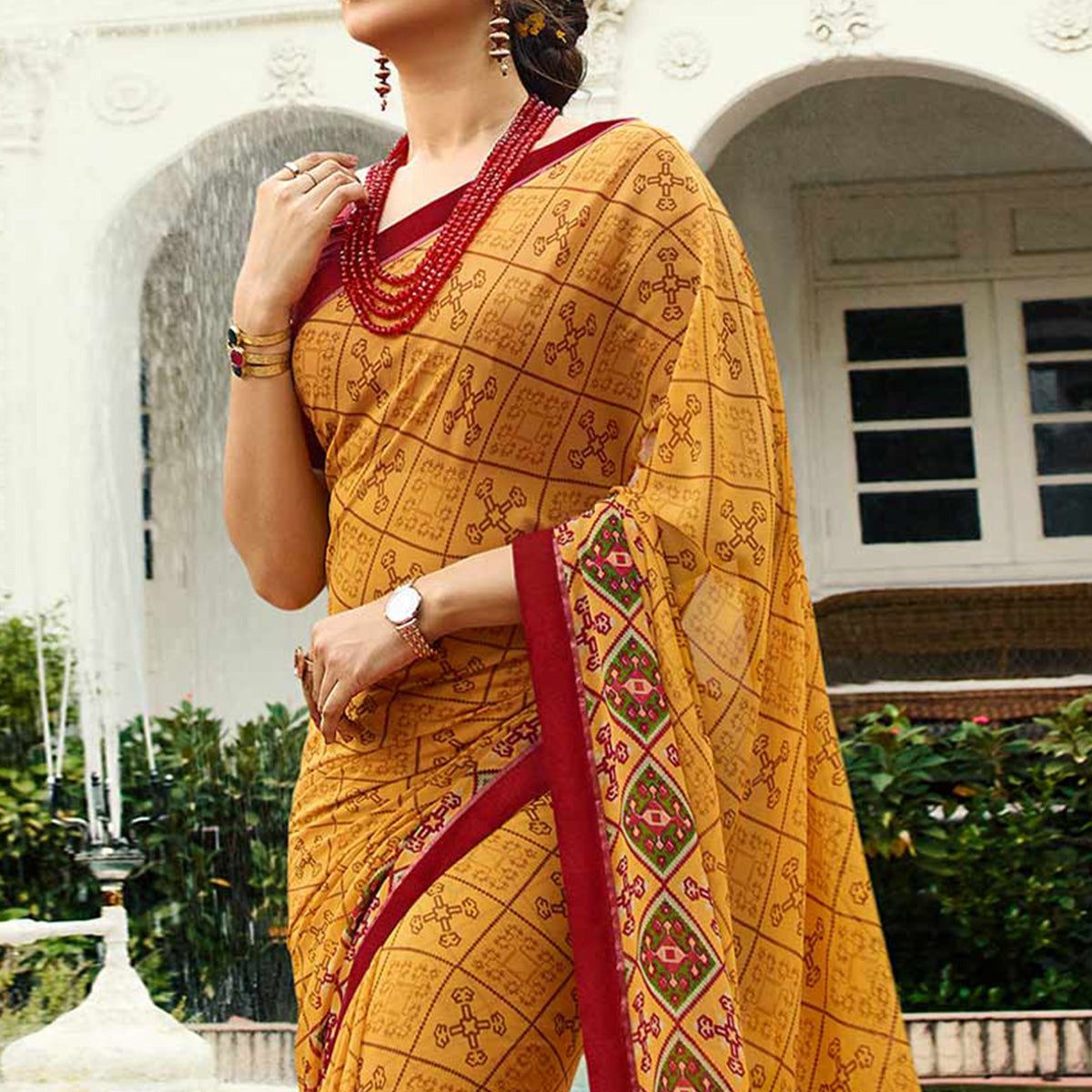 Yellow Printed Georgette Saree