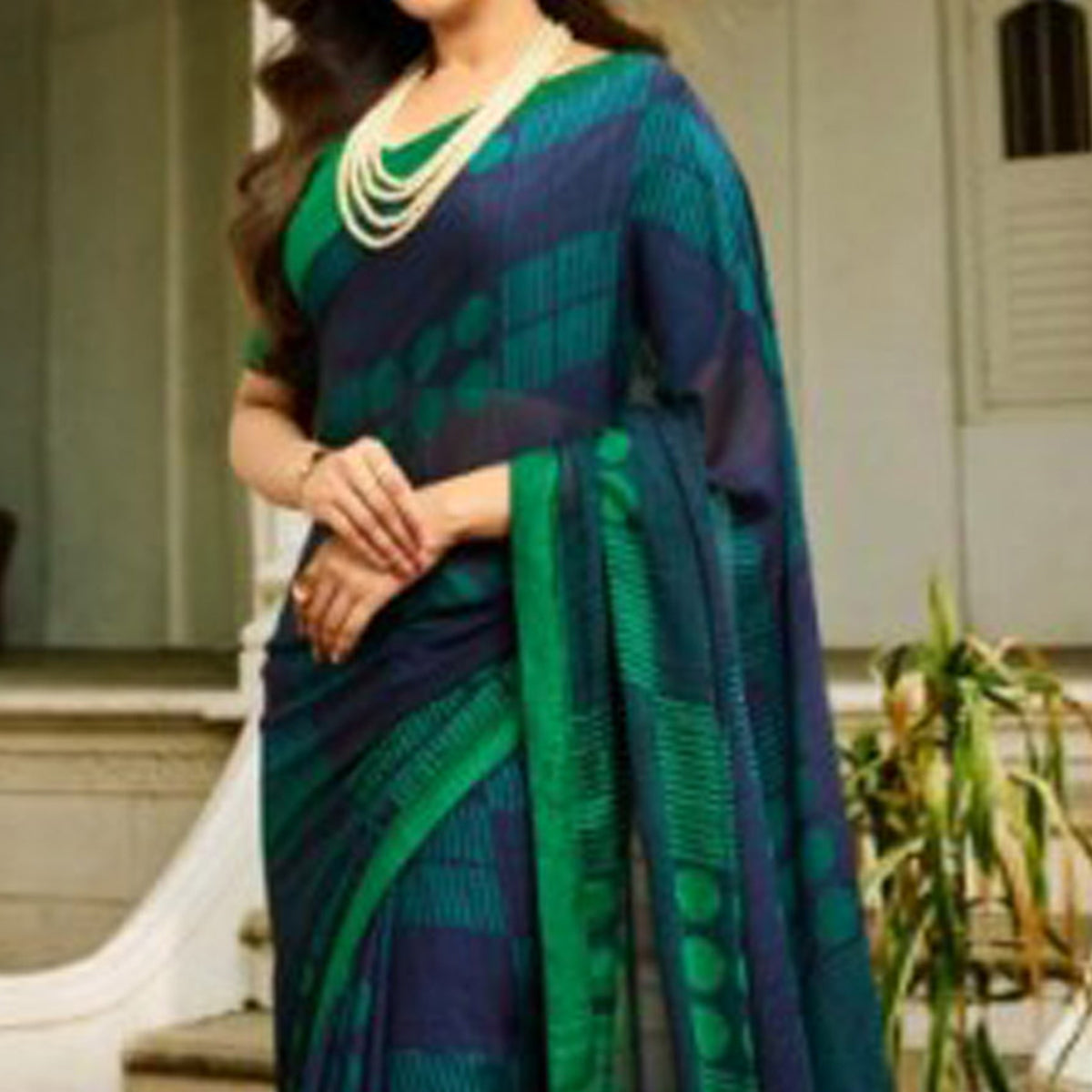 Blue & Green Printed Art Silk Saree With Lace Border