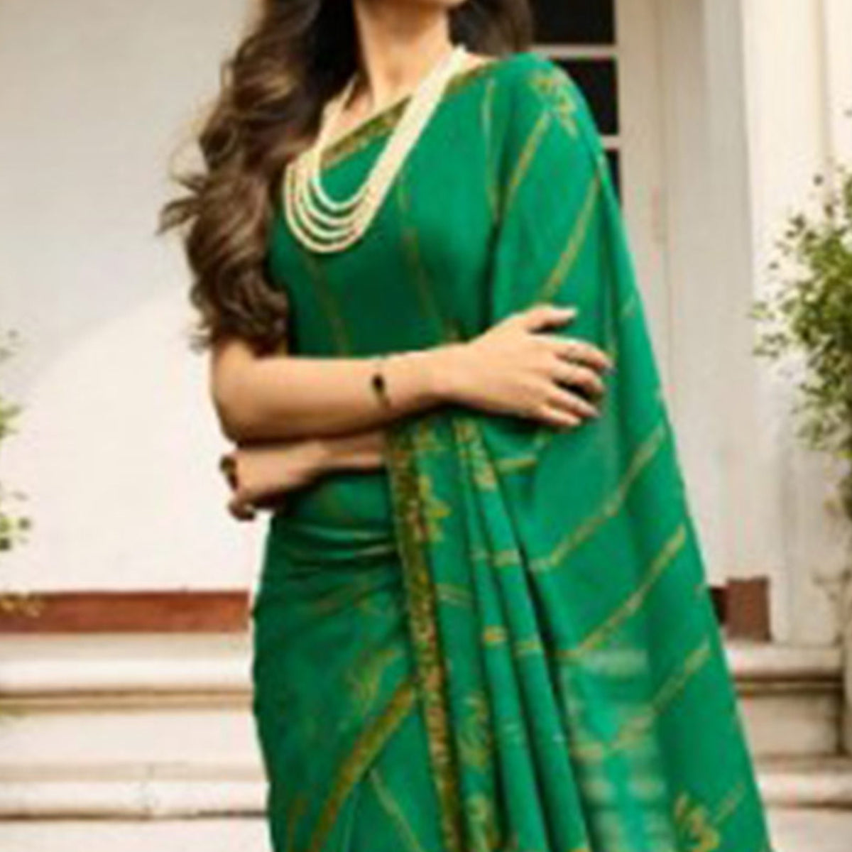 Green Printed Art Silk Saree With Lace Border