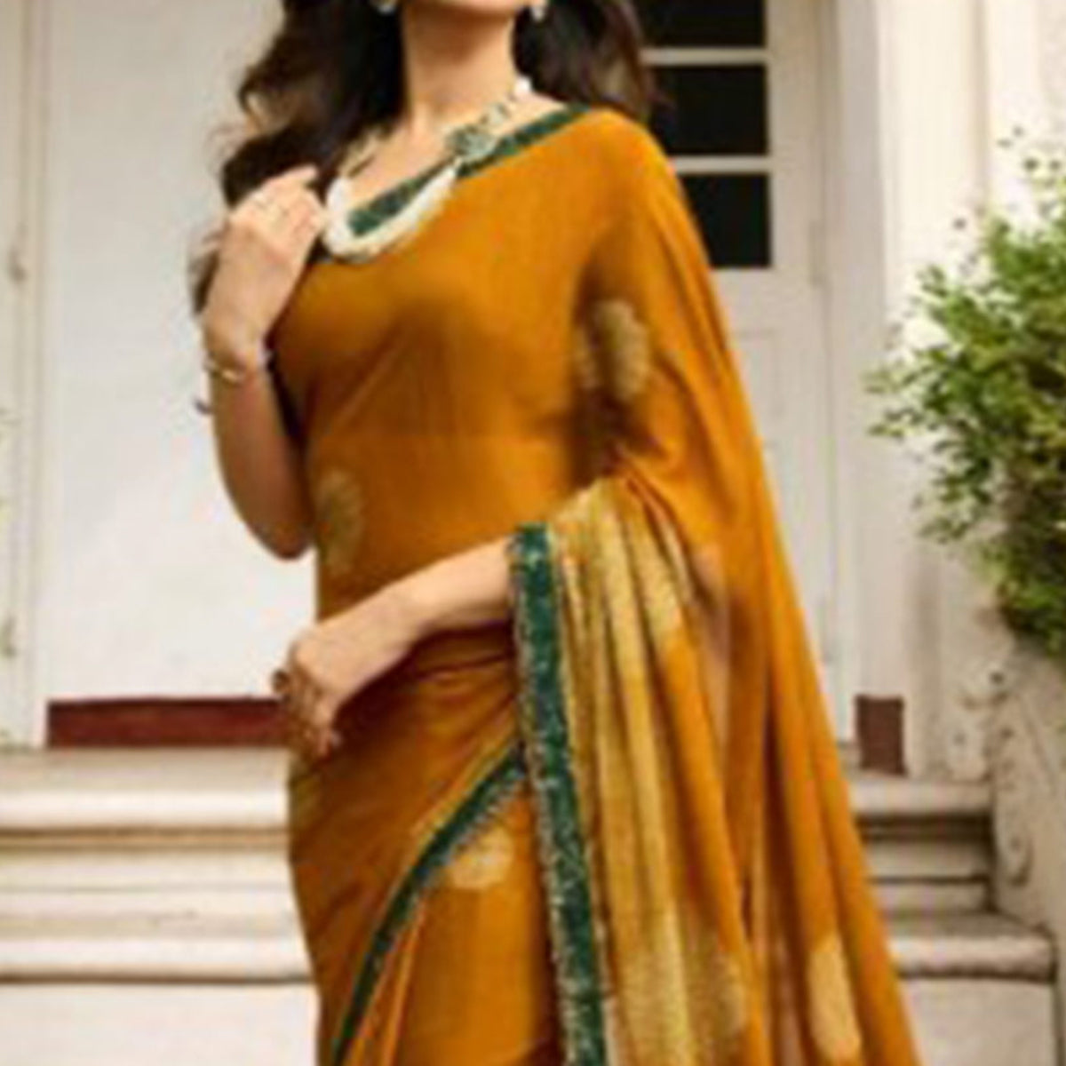 Mustard Printed Art Silk Saree With Lace Border