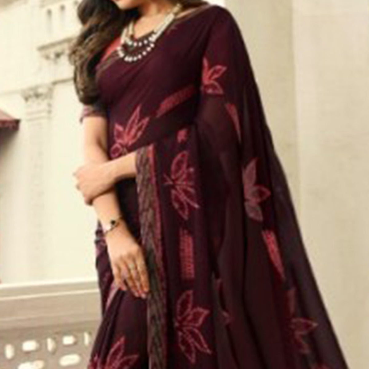 Wine Printed Art Silk Saree With Lace Border